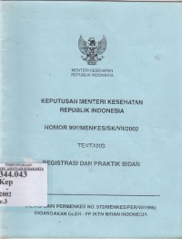 Keputusan menteri kesehatan RI Nomor 900/Menkes/SK/vii/2002 tentang regristrasi dan praktik bidan. (Revisi dari PERMENKES no. 572/MENKES/PER/VI/1996